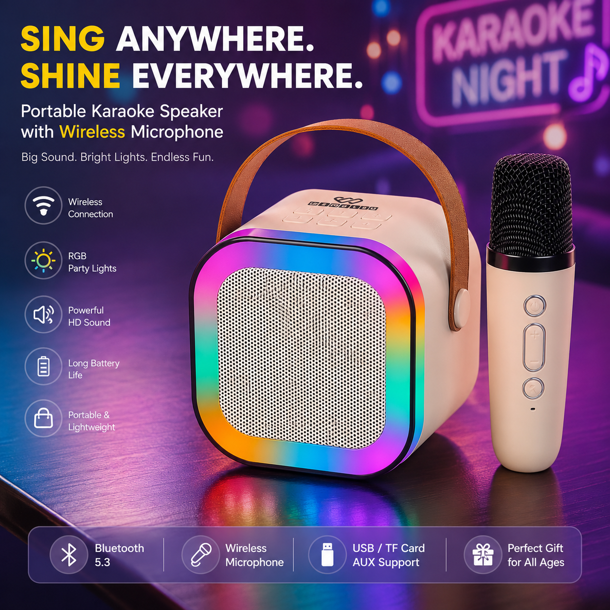 Portable Bluetooth Karaoke Speaker with Wireless Microphone | RGB LED Lights | Rechargeable Mini PA System | USB/TF Card/AUX Support | Perfect for Kids & Adults