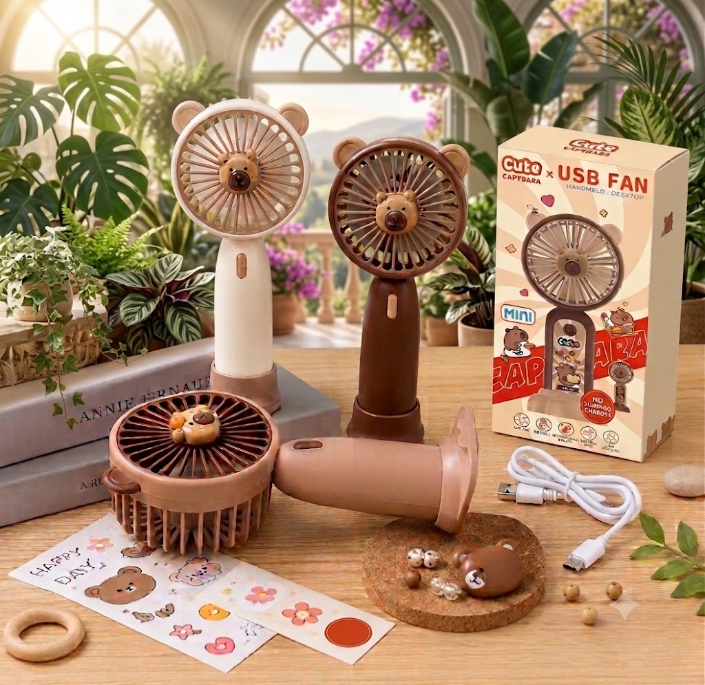 Cute Bear Mini USB Rechargeable Handheld Fan | Portable 3-Speed Personal Cooling Fan | Foldable Desk Fan with Stand | Quiet Travel Fan for Kids & Adults