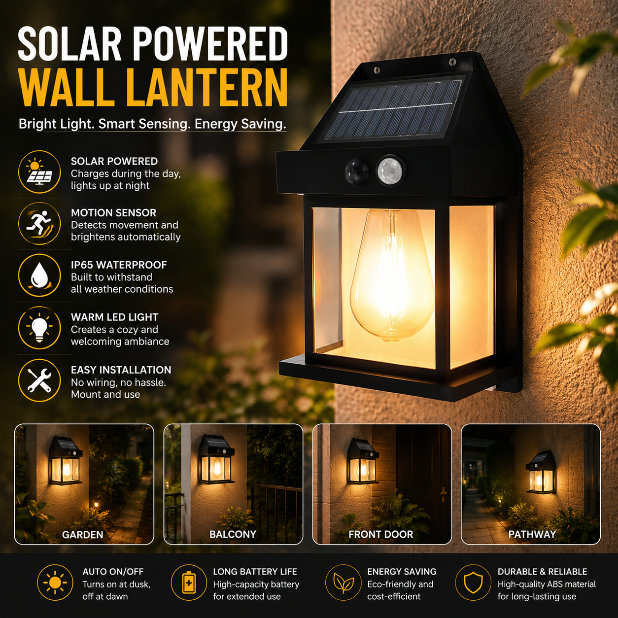 Solar LED Outdoor Wall Light with Motion Sensor | Waterproof Garden & Porch Lantern | Auto ON/OFF Solar Wall Lamp for Home, Balcony & Fence