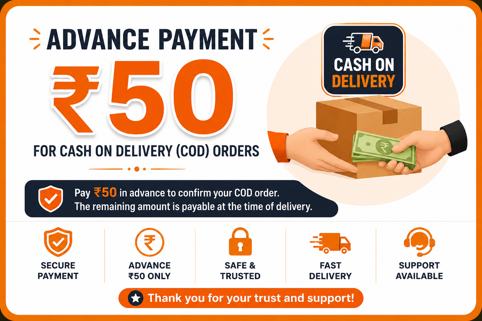 ₹50 Advance Payment Required for Cash on Delivery (COD) Orders