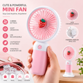 Cute Mini USB Rechargeable Handheld Fan | Portable Personal Cooling Fan | 3-Speed Silent Desk & Hand Fan with Stand | Strawberry Design | Multicolour